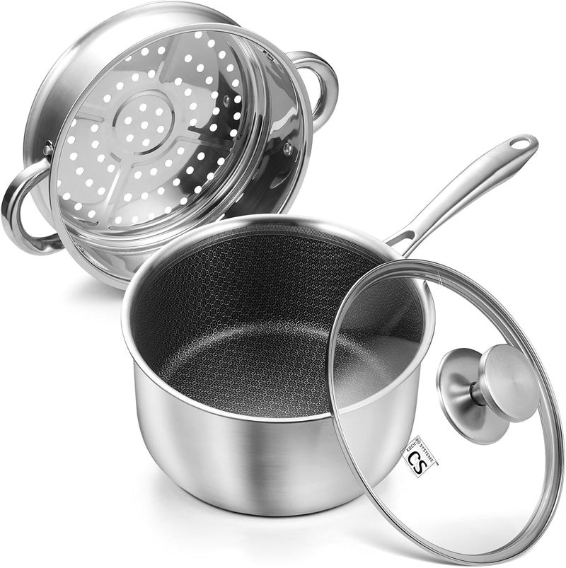 KOCH SYSTEME CS Hybrid Nonstick Stainless Steel Sauce Pan with Steamer Insert, 18/10 Steel 2QT Sauce Pan with Lid, Triple Stainless Steel Pot with Honeycomb Interior, Induction Compatible & Oven Safe - Image 1